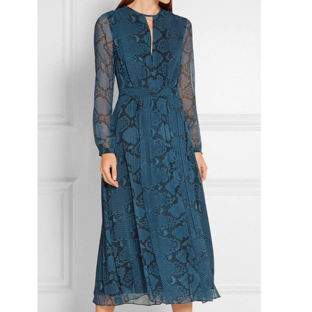 NWT Burberry Silk Snake Print Midi Dress, US 6, Mineral Blue | Work & Events